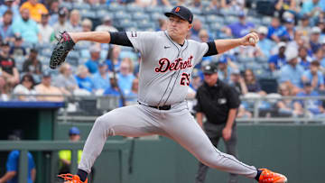 Aug 31, 2025; Kansas City, Missouri, USA; Detroit Tigers starting pitcher Tarik Skubal (29) delivers a pitch against the Kansas City Royals in the first inning at Kauffman Stadium. 