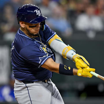 Jul 6, 2024; Arlington, Texas, USA; Tampa Bay Rays third baseman Isaac Paredes (17) in action during the game between the Texas Rangers and the Tampa Bay Rays at Globe Life Field.