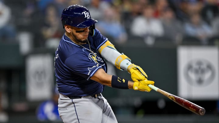 Jul 6, 2024; Arlington, Texas, USA; Tampa Bay Rays third baseman Isaac Paredes (17) in action during the game between the Texas Rangers and the Tampa Bay Rays at Globe Life Field.