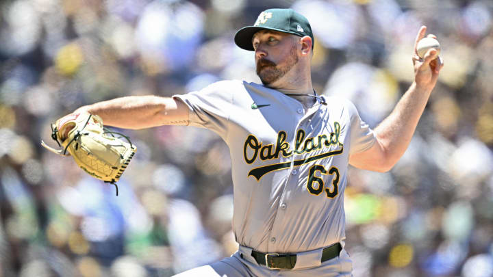 Jun 12, 2024; San Diego, California, USA; Oakland Athletics starting pitcher Hogan Harris (63) pitches against the San Diego Padres during the second inning at Petco Park. Mandatory Credit: Orlando Ramirez-USA TODAY Sports