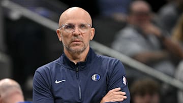 Mar 31, 2025; Dallas, Texas, USA; Dallas Mavericks head coach Jason Kidd during the game between the Dallas Mavericks and the Brooklyn Nets at the American Airlines Center. Mandatory Credit: Jerome Miron-Imagn Images