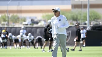 Jun 11, 2025; Henderson, NV, USA; Las Vegas Raiders head coach Pete Carroll runs down the field during Las Vegas Raiders Minicamp at Intermountain Health Performance Center. Mandatory Credit: Candice Ward-Imagn Images