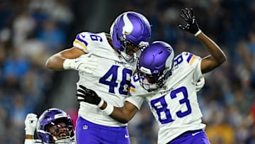 Aug 22, 2025; Nashville, Tennessee, USA;  Minnesota Vikings tight end Bryson Nesbit (46) celebrates his touchdown with wide receiver Silas Bolden (83) against the Tennessee Titans during the second half at Nissan Stadium. Mandatory Credit: Steve Roberts-Imagn Images