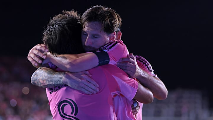 Inter Miami CF midfielder Telasco Segovia (8) reacts with forward Lionel Messi (10) after scoring a goal against New York City FC during the second half at Chase Stadium. Inter Miami CF midfielder Telasco Segovia (8) reacts with forward Lionel Messi (10) after scoring a goal against New York City FC during the second half at Chase Stadium.