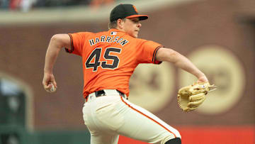 Jul 26, 2024; San Francisco, California, USA;  San Francisco Giants pitcher Kyle Harrison (45) pitches during the first inning against the Colorado Rockies at Oracle Park. 