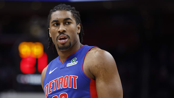 Dec 6, 2025; Detroit, Michigan, USA;  Detroit Pistons guard Jaden Ivey (23) reacts in the first half against the Milwaukee Bucks at Little Caesars Arena. Mandatory Credit: Rick Osentoski-Imagn Images