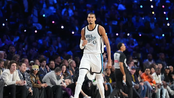 Feb 15, 2026; Inglewood, California, USA; Team World center Victor Wembanyama (1) of the San Antonio Spurs reacts in game one against Team Stars during the 75th NBA All Star Game at Intuit Dome. Mandatory Credit: Kirby Lee-Imagn Images