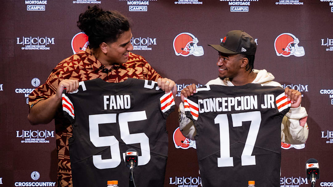 Cleveland Browns draft picks Spencer Fano, left, and KC Concepcion