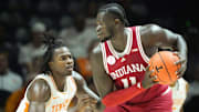 Indiana center Oumar Ballo (11) is guarded by Tennessee forward Felix Okpara (34) during a college basketball exhibition game on Sunday, October 27, 2024, in Knoxville. Tenn.