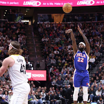 Feb 1, 2024; Salt Lake City, Utah, USA; Philadelphia 76ers guard Patrick Beverley (22) makes a three point shot against the Utah Jazz during the second quarter at Delta Center. Mandatory Credit: Rob Gray-Imagn Images