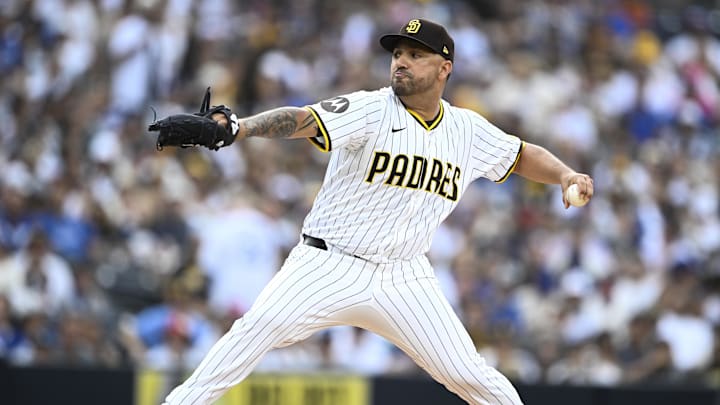 Aug 23, 2025; San Diego, California, USA; San Diego Padres starting pitcher Nestor Cortes (65) delivers during the first inning against the Los Angeles Dodgers at Petco Park. Mandatory Credit: Denis Poroy-Imagn Images