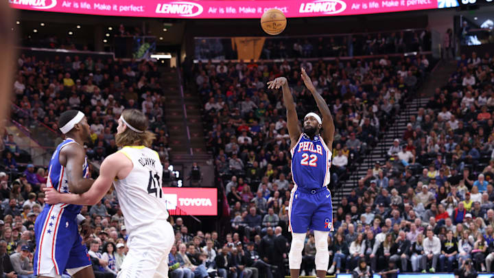 Feb 1, 2024; Salt Lake City, Utah, USA; Philadelphia 76ers guard Patrick Beverley (22) makes a three point shot against the Utah Jazz during the second quarter at Delta Center. Mandatory Credit: Rob Gray-Imagn Images