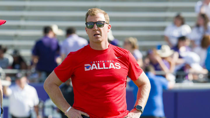 Sep 23, 2023; Fort Worth, Texas, USA; SMU Mustangs head coach Rhett Lashlee before the game between the TCU Horned Frogs and the SMU Mustangs at Amon G. Carter Stadium. Mandatory Credit: Jerome Miron-USA TODAY Sports