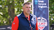 Jul 28, 2025; Foxborough, MA, USA; New England Patriots head coach Mike Vrabel heads to the practice fields for training camp at Gillette Stadium. Mandatory Credit: Eric Canha-Imagn Images