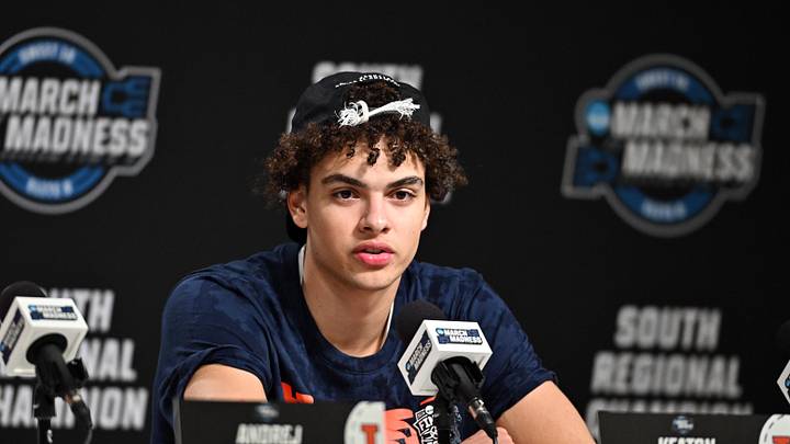 Mar 28, 2026; Houston, TX, USA; Illinois Fighting Illini guard Keaton Wagler (23) speaks in a press conference after defeating the Iowa Hawkeyes in an Elite Eight game of the South Regional of the men's 2026 NCAA Tournament at Toyota Center. Mandatory Credit: Maria Lysaker-Imagn Images