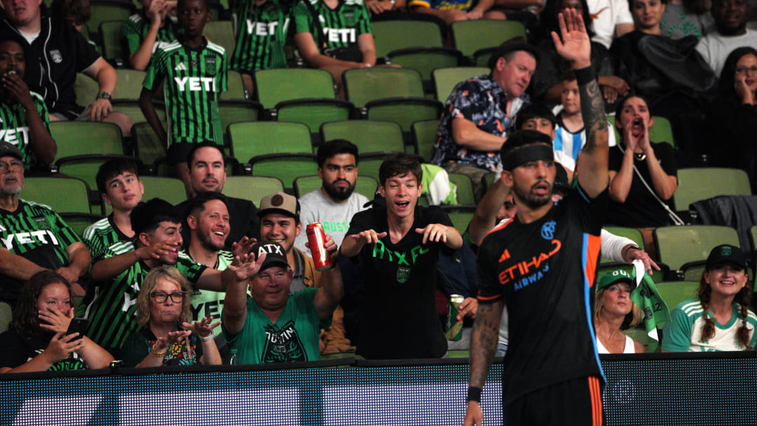 Jul 6, 2024; Austin, Texas, USA;  Austin FC fans distract New York City FC forward Santiago Rodriguez (10) during the second half at Q2 Stadium. Mandatory Credit: Dustin Safranek-USA TODAY Sports