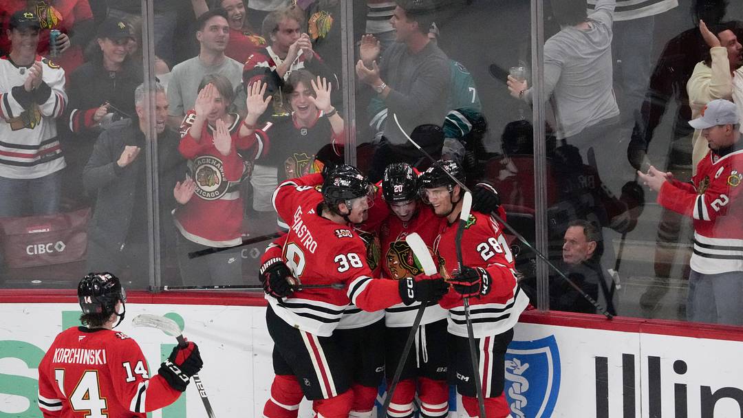 Apr 15, 2026; Chicago, Illinois, USA; Chicago Blackhawks center Ryan Greene (20) celebrates his goal against the San Jose Sharks with center Ryan Donato (8) during the third period at United Center. Mandatory Credit: David Banks-Imagn Images