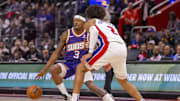 Oct 8, 2023; Detroit, Michigan, USA; Detroit Pistons guard Cade Cunningham (2) defends against Phoenix Suns guard Bradley Beal (3) during the first half of a pre-season game at Little Caesars Arena. Mandatory Credit: David Reginek-Imagn Images