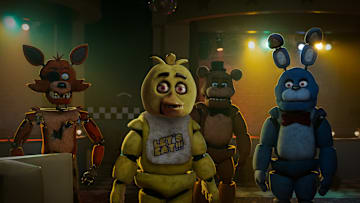 (from left) Foxy, Chica, Freddy Fazbear, and Bonnie in Five Nights at Freddy's, directed by Emma Tammi.