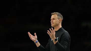 Apr 5, 2025; San Antonio, TX, USA; Duke Blue Devils head coach Jon Scheyer reacts after a play against the Houston Cougars during the second half in the semifinals of the men's Final Four of the 2025 NCAA Tournament at the Alamodome. Mandatory Credit: Bob Donnan-Imagn Images