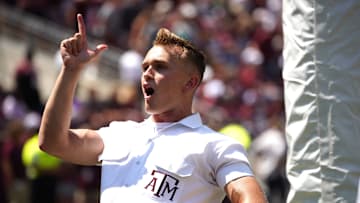 Sep 7, 2024; College Station, Texas, USA; A Texas A&M Aggies yell leader reacts during the fourth quarter against the McNeese State Cowboys at Kyle Field. Mandatory Credit: Dustin Safranek-Imagn Images
