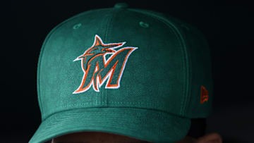 Mar 17, 2025; Jupiter, Florida, USA;  A general view of the cap worn by the Miami Marlins for St. Patrick's Day against the New York Mets before the game at Roger Dean Chevrolet Stadium. Mandatory Credit: Rhona Wise-Imagn Images