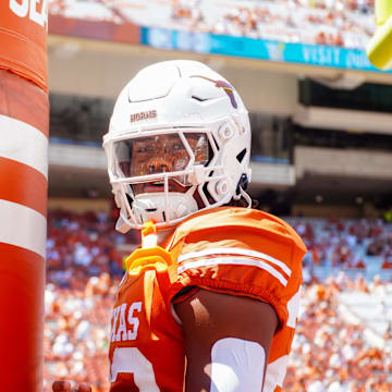 Aug 31, 2024; Austin, Texas, USA; Texas Longhorns running back Jaydon Blue (23) before a game against the Colorado State Rams at Darrell K Royal-Texas Memorial Stadium. Mandatory Credit: Aaron Meullion-Imagn Images