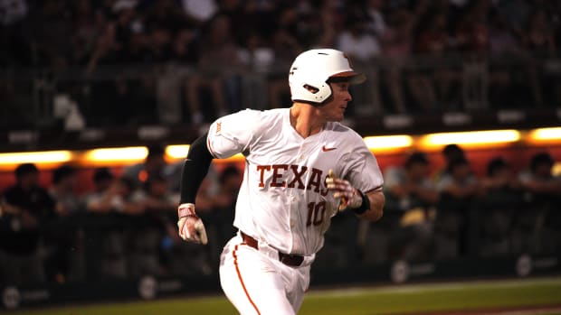 June 1, 2024; College Station, TX, USA; Texas Longhorns catcher Kimble Schuessler (10) hits against Texas A&M Aggies during the second round in the NCAA baseball College Station Regional at Olsen Field College Station. Mandatory Credit: Dustin Safranek-USA TODAY Sports