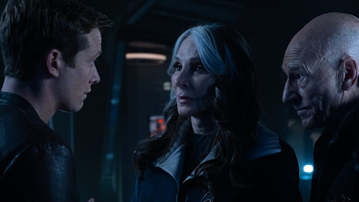 Ed Speleers as Jack Crusher, Gates McFadden as Dr. Beverly Crusher and Patrick Stewart as Picard in "Surrender" Episode 308, Star Trek: Picard on Paramount+. Photo Credit: Trae Patton/Paramount+. ©2021 Viacom, International Inc. All Rights Reserved.