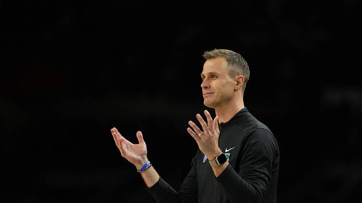 Apr 5, 2025; San Antonio, TX, USA; Duke Blue Devils head coach Jon Scheyer reacts after a play against the Houston Cougars during the second half in the semifinals of the men's Final Four of the 2025 NCAA Tournament at the Alamodome. Mandatory Credit: Bob Donnan-Imagn Images