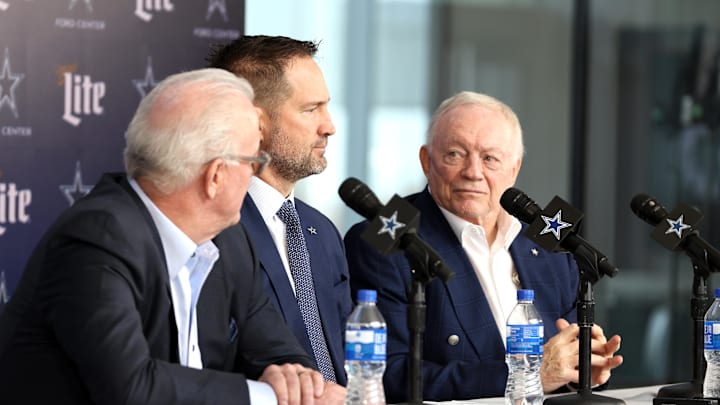 Jan 27, 2025; Frisco, TX, USA;   (L to R) Dallas Cowboys CEO Stephen Jones, head coach Brian Schottenheimer and owner Jerry Jones speak to the media at a press conference at the Star.  Mandatory Credit: Tim Heitman-Imagn Images