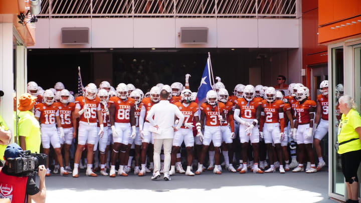 Aug 31, 2024; Austin, Texas, USA;  The Texas Longhorns take the field before a game against Colorado State at Darrell K Royal-Texas Memorial Stadium. Mandatory Credit: Aaron Meullion-USA TODAY Sports