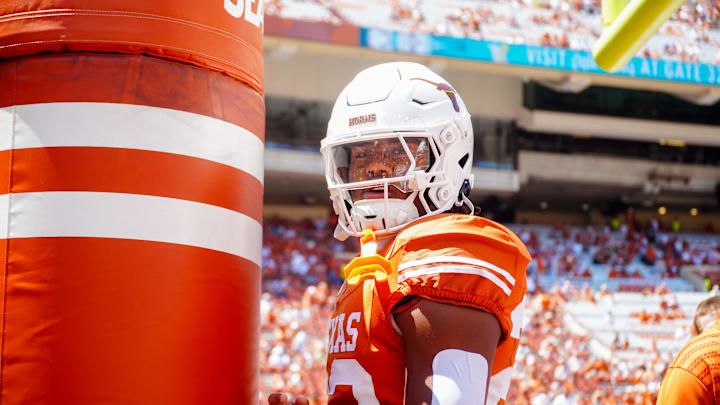 Aug 31, 2024; Austin, Texas, USA; Texas Longhorns running back Jaydon Blue (23) before a game against the Colorado State Rams at Darrell K Royal-Texas Memorial Stadium. Mandatory Credit: Aaron Meullion-Imagn Images