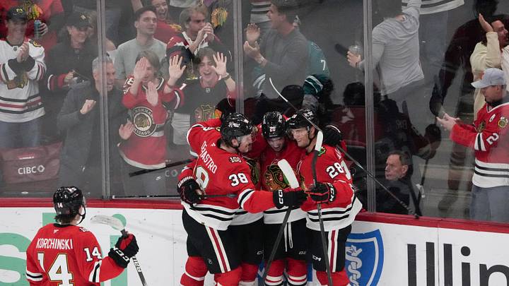 Apr 15, 2026; Chicago, Illinois, USA; Chicago Blackhawks center Ryan Greene (20) celebrates his goal against the San Jose Sharks with center Ryan Donato (8) during the third period at United Center. Mandatory Credit: David Banks-Imagn Images