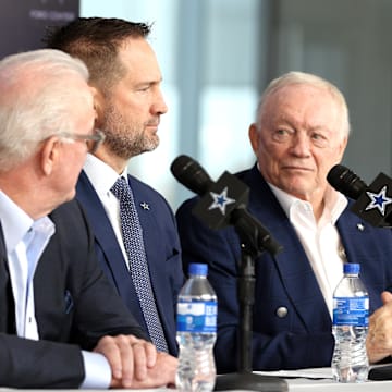 Dallas Cowboys CEO Stephen Jones, head coach Brian Schottenheimer and owner Jerry Jones speak to the media 