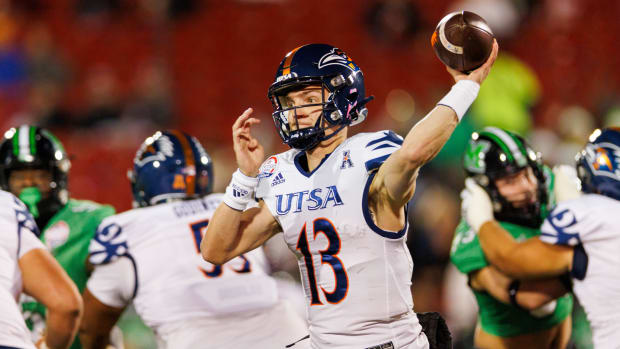 Dec 19, 2023; Frisco, TX, USA; UTSA Roadrunners quarterback Owen McCown (13) throws a pass during the first quarter against the Marshall Thundering Herd at Toyota Stadium. Mandatory Credit: Andrew Dieb-USA TODAY Sports