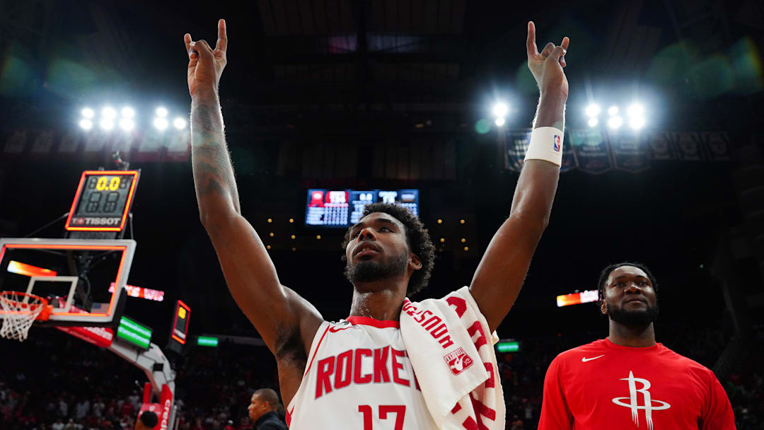 Rockets forward Tari Eason reacts after win against the Spurs. 