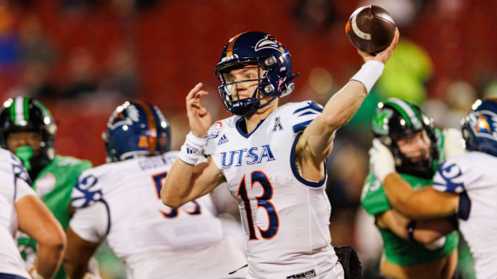 Dec 19, 2023; Frisco, TX, USA; UTSA Roadrunners quarterback Owen McCown (13) throws a pass during the first quarter against the Marshall Thundering Herd at Toyota Stadium. Mandatory Credit: Andrew Dieb-Imagn Images