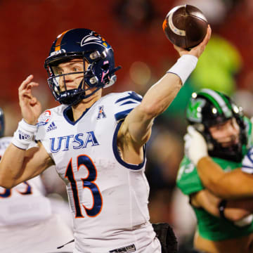 Dec 19, 2023; Frisco, TX, USA; UTSA Roadrunners quarterback Owen McCown (13) throws a pass during the first quarter against the Marshall Thundering Herd at Toyota Stadium. Mandatory Credit: Andrew Dieb-USA TODAY Sports