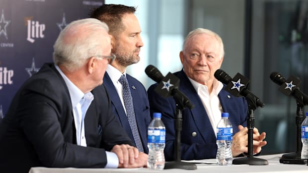 Dallas Cowboys CEO Stephen Jones, head coach Brian Schottenheimer and owner Jerry Jones