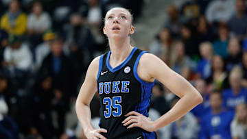 Nov 3, 2025; Paris, FRA;  Duke Blue Devils forward Toby Fournier (35) in action against the Baylor Bears during the first half at Adidas Arena. Mandatory Credit: Chris Jones-Imagn Images