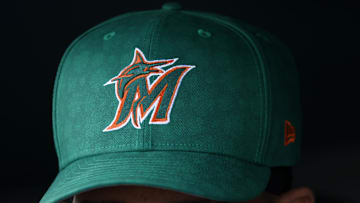 A general view of the cap worn by the Miami Marlins for St. Patrick's Day against the New York Mets before the game at Roger Dean Chevrolet Stadium. 