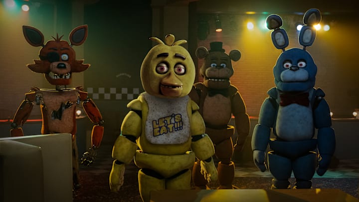 (from left) Foxy, Chica, Freddy Fazbear, and Bonnie in Five Nights at Freddy's
