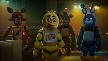 (From left) Foxy, Chica, Freddy Fazbear, and Bonnie in Five Nights at Freddy's