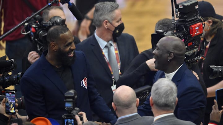 LeBron James and Michael Jordan on the court during halftime of the 2022 NBA All-Star Game. LeBron James and Michael Jordan on the court during halftime of the 2022 NBA All-Star Game.