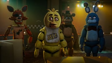 (from left) Foxy, Chica, Freddy Fazbear and Bonnie in Five Nights at Freddy's, directed by Emma Tammi.