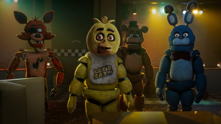 (from left) Foxy, Chica, Freddy Fazbear and Bonnie in Five Nights at Freddy's, directed by Emma Tammi.