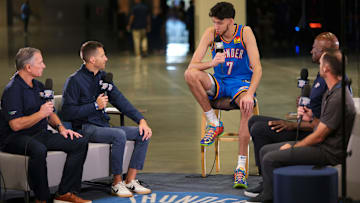 Chet Holmgren (7) with the Thunder broadcast crew at Thunder Media Day, held in the Oklahoma City Convention Center on Monday, Oct. 2, 2023.