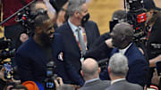 Feb 20, 2022; Cleveland, Ohio, USA; Lebron James and Michael Jordan on court during halftime during the 2022 NBA All-Star Game at Rocket Mortgage FieldHouse. Mandatory Credit: David Richard-Imagn Images