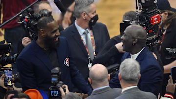 Feb 20, 2022; Cleveland, Ohio, USA; Lebron James and Michael Jordan on court during halftime during the 2022 NBA All-Star Game at Rocket Mortgage FieldHouse. Mandatory Credit: David Richard-Imagn Images